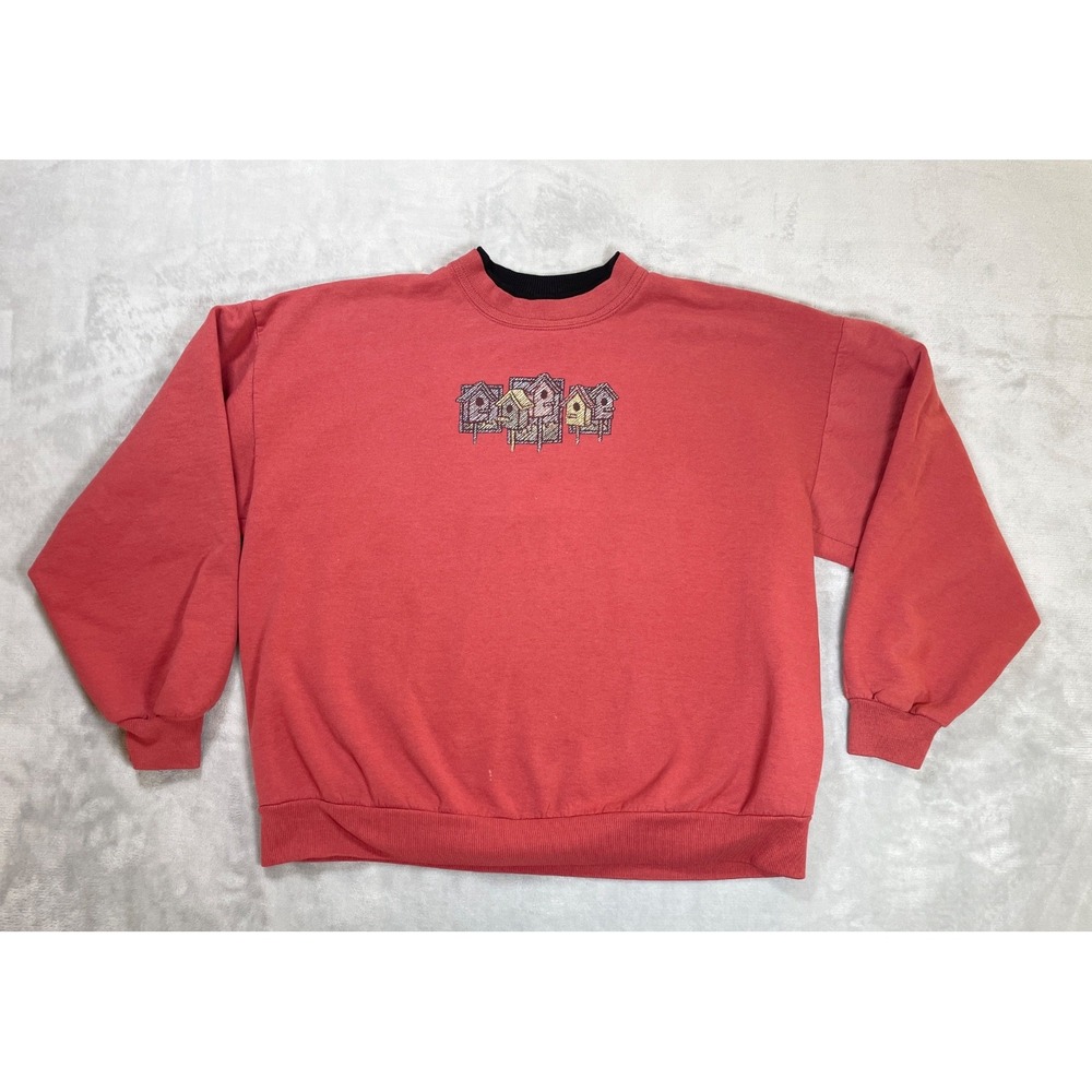 Vintage Morning Sun Birdhouse Sweatshirt Men Large Red USA Made Crewneck